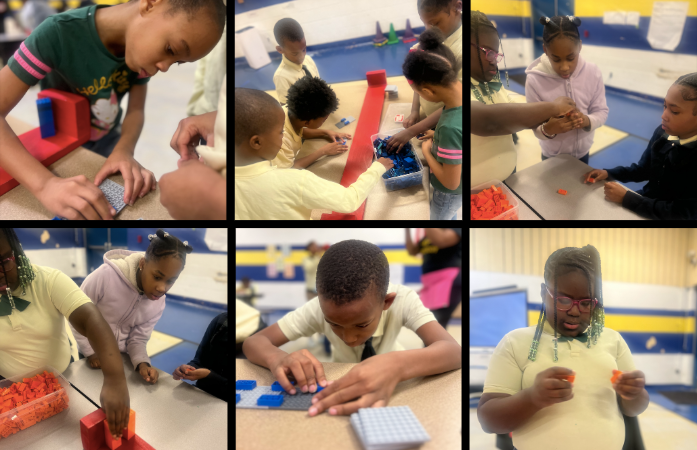 collage of students working to build a lego bridge out of bricks, students are looking at their bridges and working
